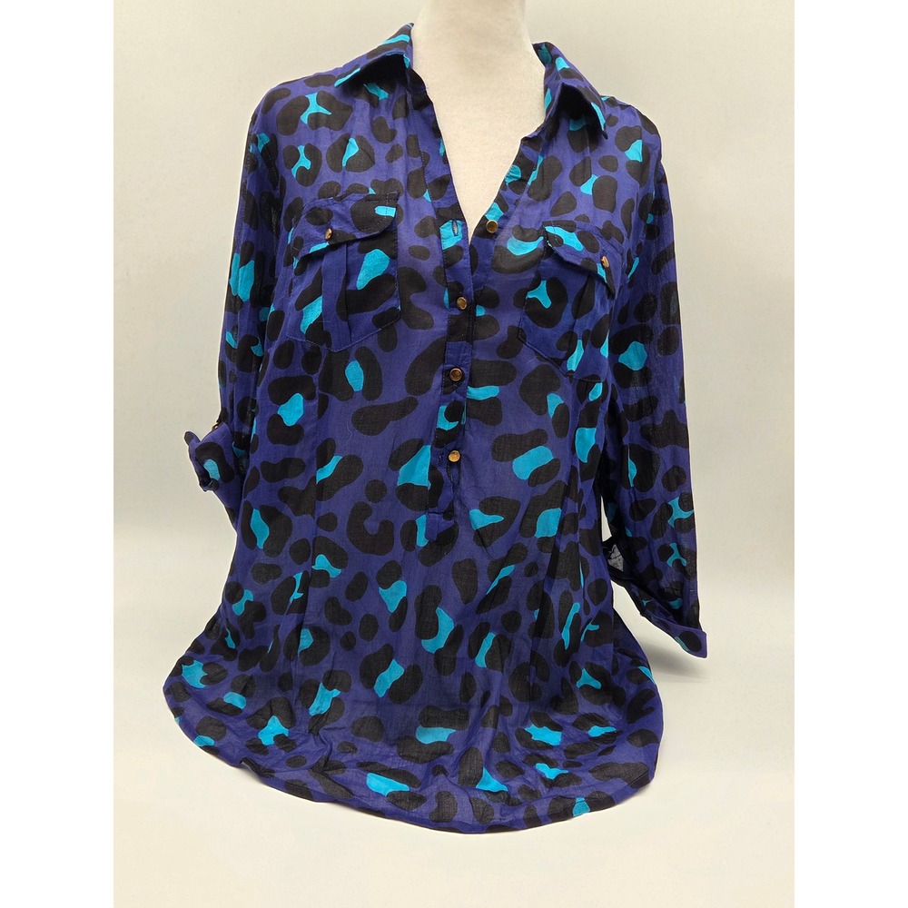 Magazine Women's L Blue Black Turquoise Leopard Print Tunic Blouse 101-489